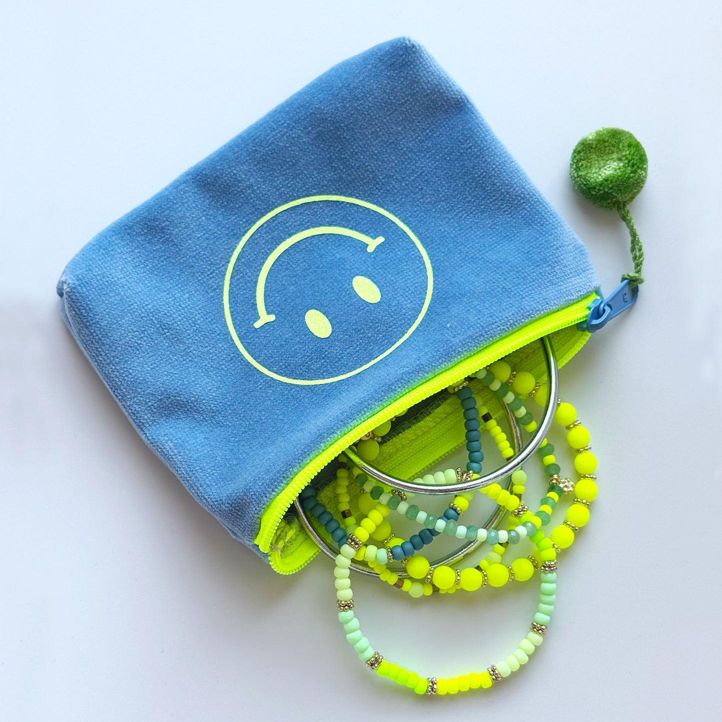 Blue velvet bag with smiley