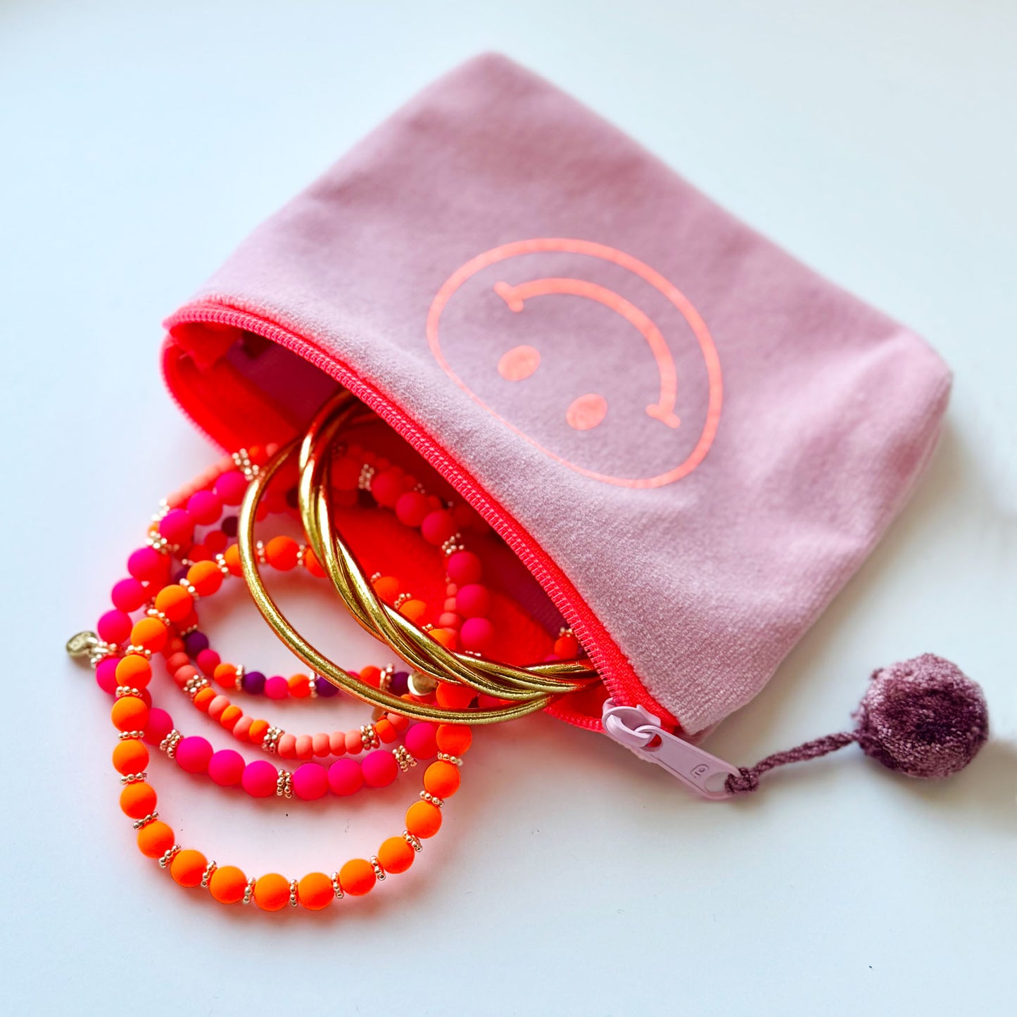 Pink velvet bag with smiley